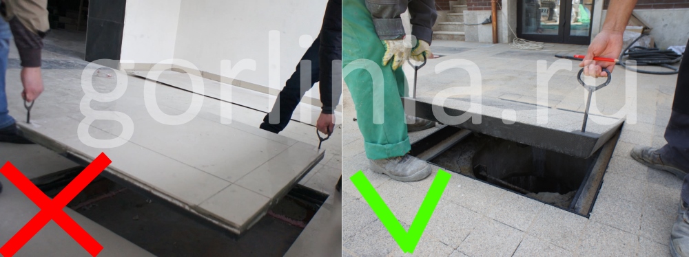 Люк под брусчатку на шарнирах в два раза легче поднимать чем вынимаемый! Люк на шарнирах работает в два раза легче вынимаемого!